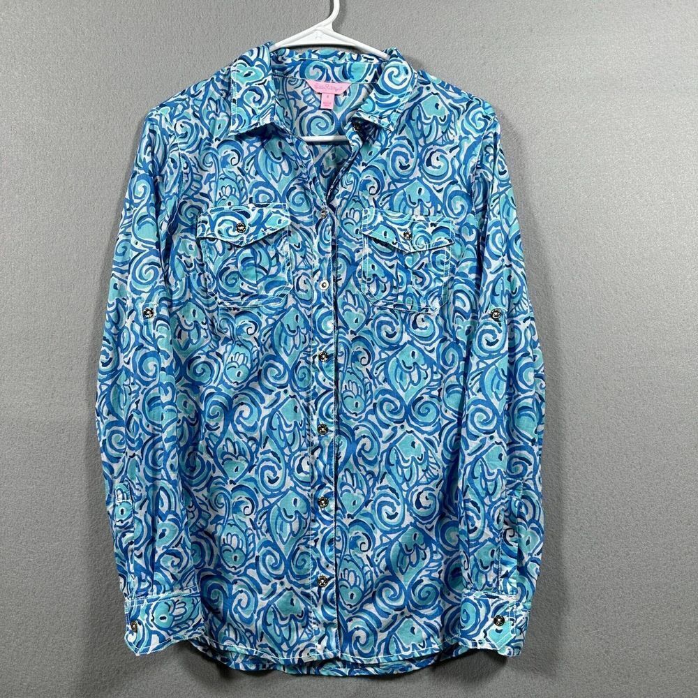 Lilly Pulitzer Cruiser Shirt Chasing Tail Long Sleeve Button Down Blue Fish Sz 6